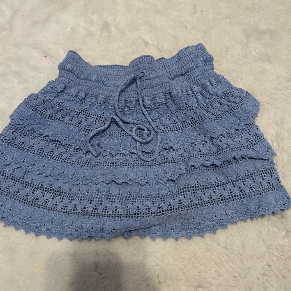 Blue Bubble Mini Skirt with Ruffled Tie Front